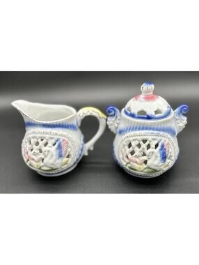 🦢🌸Rare 1920’sVintage Porcelain Swan Creamer & Sugar Bowl Set Openwork Pastel🦢